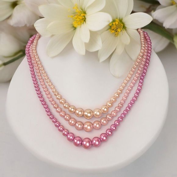 Pink Ombre Pearl Necklace Vtg Simulated Graduated Feminine Elegant Estate Jewel - Picture 1 of 10